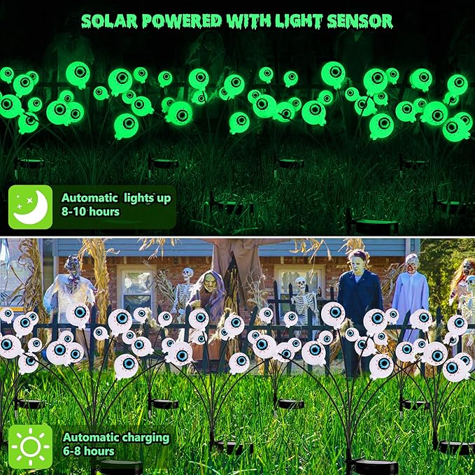 Brizled Green Halloween Lights, 4 Pack 24 LED Halloween Solar Eyeball Lights, 2 Modes Solar Pathway Light Outdoor Waterproof Scary Swaying Green Eyeball Lighting for Garden Path Yard Lawn Patio Decor