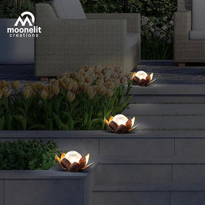 MCSLOTUS-G Gold Lotus Flower Solar LED Garden Light with Crackled Glass Globe – Waterproof Metal Outdoor Décor