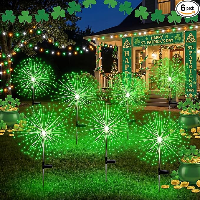 6 Pcs St. Patrick's Day Solar Firework Stake Lights 180 LED 8 Modes Waterproof LED Sparkler Lights Outdoor Decoration for Irish Garden Patio Yard Pathway Walkway Lawn, Green