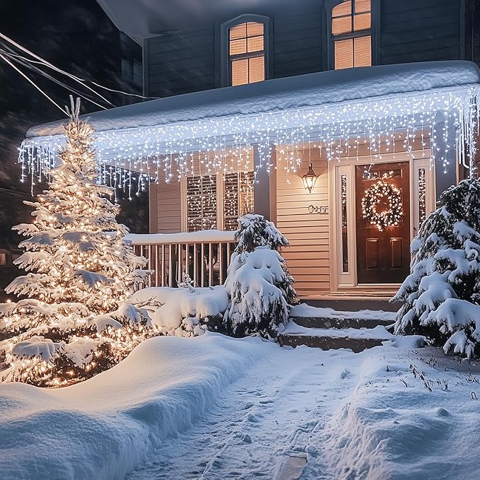 Dazzle Bright Christmas Icicle Lights, 88.5 FT 1080 LED 8 Modes Curtain Fairy Lights with 180 Drops, Xmas String Lights for Outdoor Holiday Wedding Party Decorations (White) (Pack of 2)