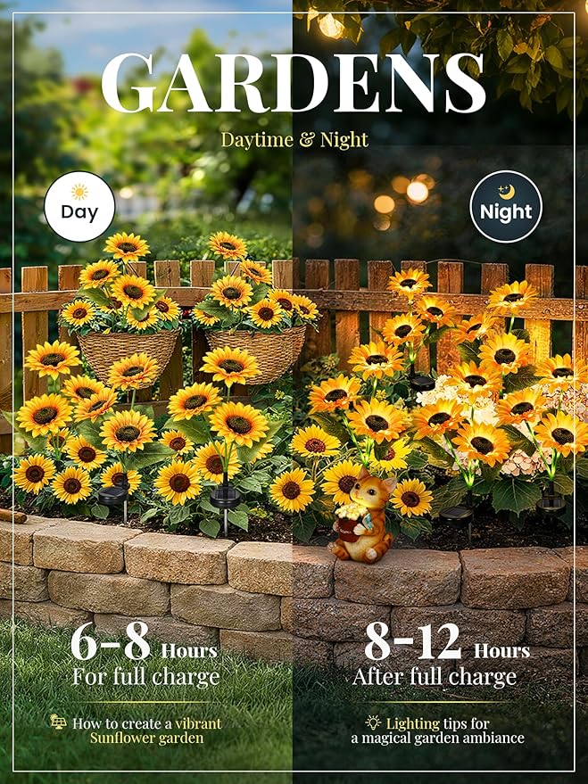 GIGALUMI Solar Garden Lights Artificial Flowers, LED Garden Decor Carefree Sunflower Solar Lights Outdoor Yard Decorations Outdoor, Everlasting Sunflower Decor Gift for Outside Yard Patio (Set of 1)
