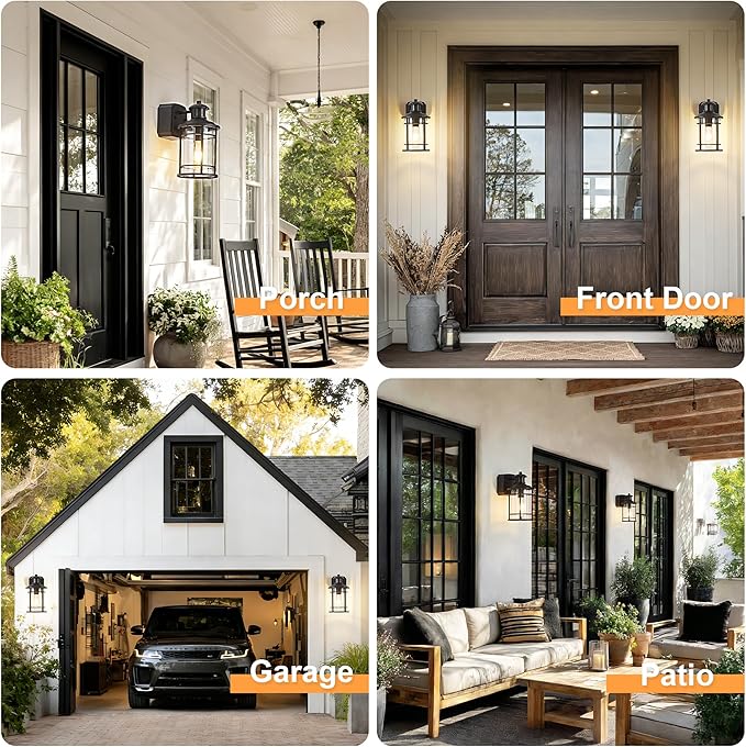 OKELI Patio Wall Light Fixture with Dual GFCI Outlets, Outdoor Light with Outlet, Motion Sensor Dusk-to-Dawn, Vintage Industrial Black Lantern, for Porch Patio Garage (2 Pack)