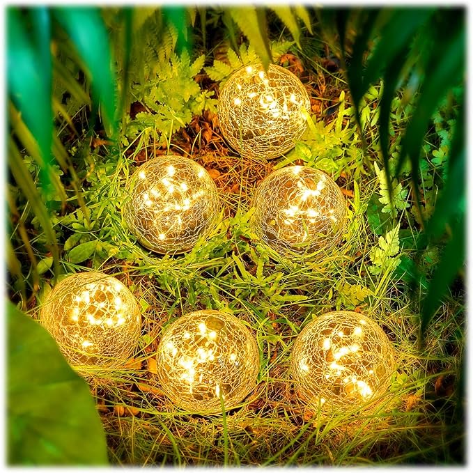 Honoson Solar Globe Lights Outdoor - Waterproof Cracked Glass Balls for Garden, Patio, Lawn & Yard, Warm White Solar LED Lights with Easy Installation & Durable Design(3.9 Inch,6 Pieces)