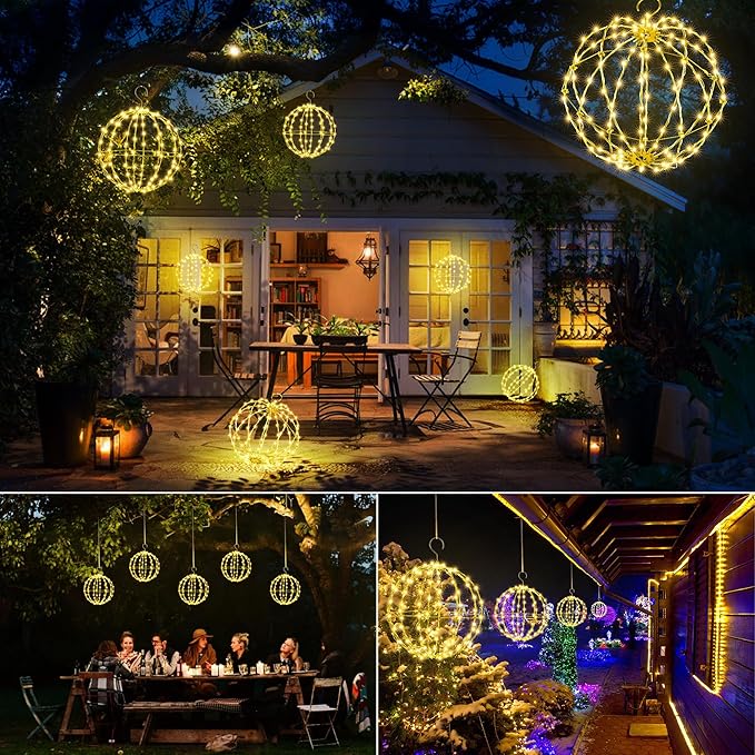 Joomer 2 Pack Christmas Ball Lights, 13IN & 11IN Foldable Metal Sphere Light, Connectable - Outdoor String Light | Lumora