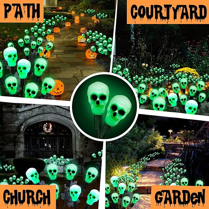 2 Pack 16LED Solar Skull Halloween Lights - IP65 Waterproof Outdoor Decorations, Scary Swaying Firefly Lights for Garden, Patio, Yard, Lawn Decor