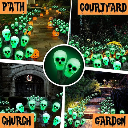 2 Pack 16LED Solar Skull Halloween Lights - IP65 Waterproof Outdoor Decorations, Scary Swaying Firefly Lights for Garden, Patio, Yard, Lawn Decor