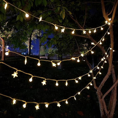 Festival Lights, Battery Powered Fairy Lights 33ft 80LED, Outdoor Waterproof String Lights with Remote, 8 Modes for Indoor, Garden, Patio, Camping, Xmas Decor (Stars+Small Beads E)