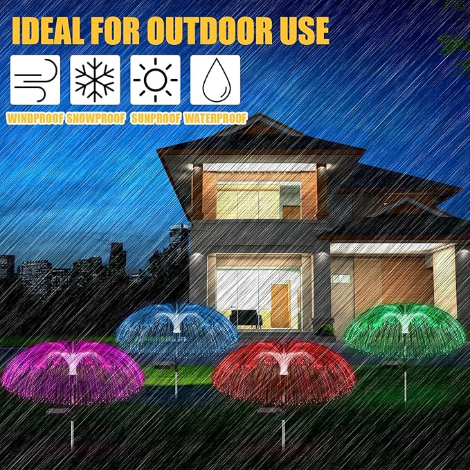 4 Pcs Solar Outdoor Lights for Garden Waterproof Jellyfish 7 Color Changing Decorative Lawn Solar Powered Lights Flower Yard for Pathway Lawn Wedding Party Outside Decor