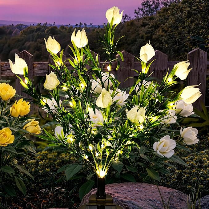 GIGALUMI Solar Garden Lights with Gardenias, LED Garden Decor Carefree Solar Flowers Outdoor Waterproof, Yard Decorations Outdoor, Allergy-Free, Everlasting Light up Flowers for Yard Patio (Set of 1)