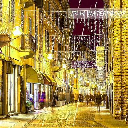 Dazzle Bright 360 LED Christmas Icicle Lights, 29.5 FT 8 Modes Curtain Fairy Lights with 60 Drops, Connectable Xmas String Lights for Outside Holiday Wedding Party Decorations (Warm White)