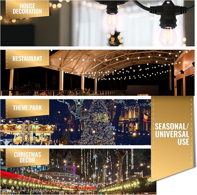 Aurio 48ft Waterproof Outdoor String Lights with Inline Vintage LED Edison Bulbs - Commercial Grade Patio Lights for Cafe Ambiance - 36 in Light Spacing