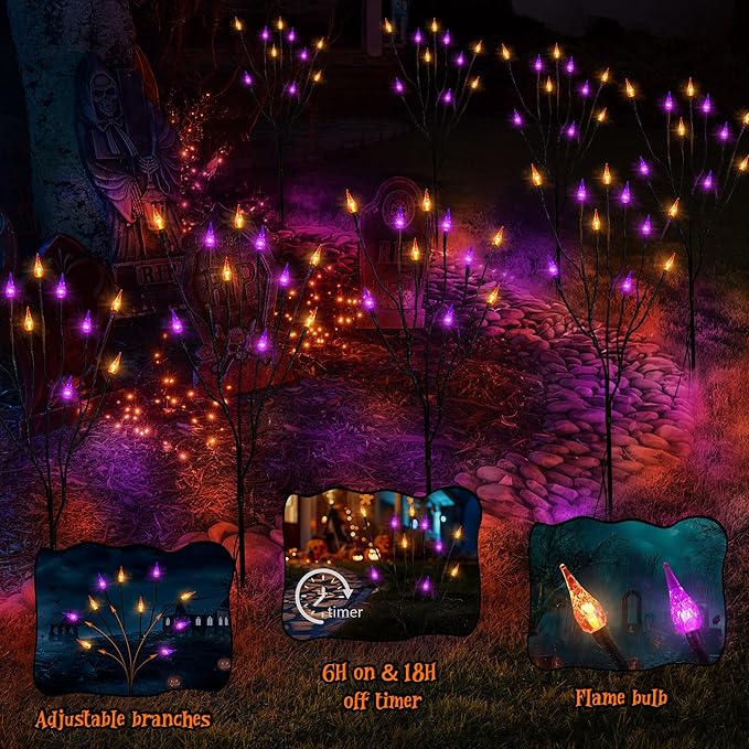 ODEETRONIC Purple & Orange Halloween Pathway Lights 3 Pack – 7.54ft 8 Modes Halloween Stake Lights, 30 LED Purple & Orange Candle Light with Timer, Battery Pathway Light for Outdoor Porch Garden Decor