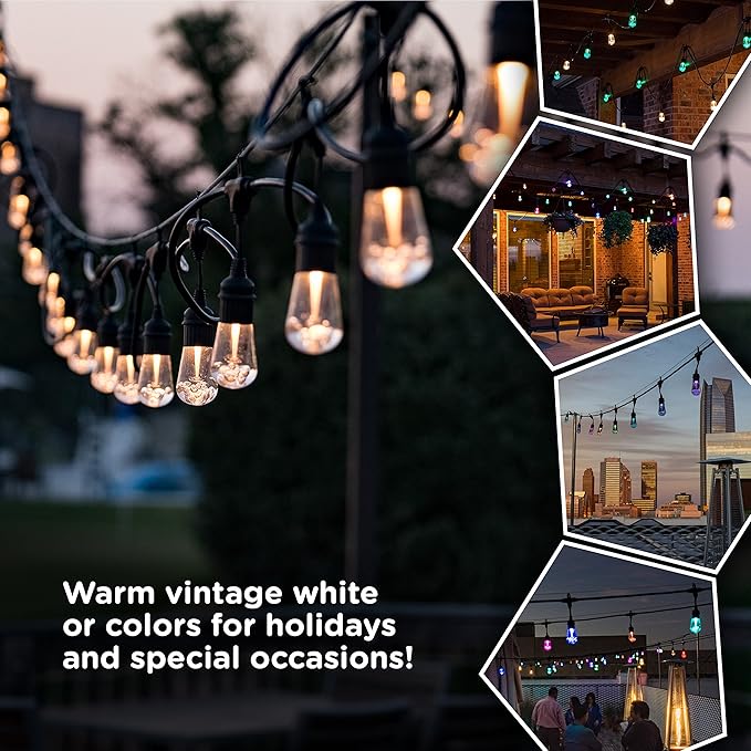 Enbrighten Seasons Vintage LED Café String Lights, 48ft, 24 Acrylic Bulbs, Color Changing, Indoor/Outdoor + UltraPro WiFi Plug, 2-Outlet Grounded