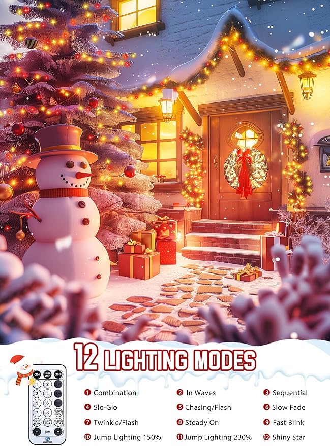 Minetom 50 Ft 1000 LED Cluster Lights Christmas Tree Lights Outdoor Christmas Firecrackers String Lights, 12 Modes Timer Remote Waterproof Plug in Twinkle Lights for Xmas Tree Party, Red ＆ Warm White