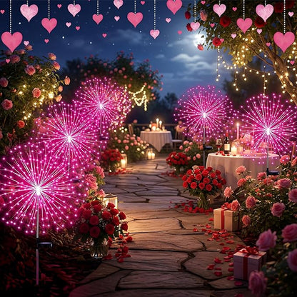 4 Pcs Valentine's Day Solar Lights Outdoor Pink Solar Firework Lights Decoration 180 LEDs 8 Modes Waterproof Valentine LED Stake Sparkler for Walkway Pathway Driveway Garden Yard Lawn Path(Pink)