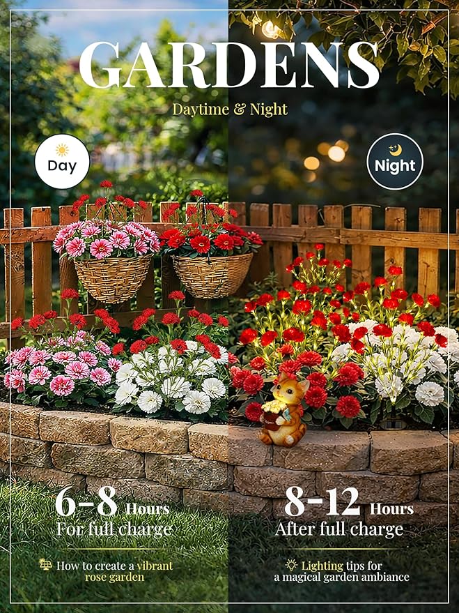 GIGALUMI Solar Lights Outdoor for Garden Decor, 4 Pack Solar Flower Lights Waterproof, 2 Lighting Modes 28 Carnation Flowers for Pathway,Yard, Patio Decoration, Gardening Gifts for Women (Red)