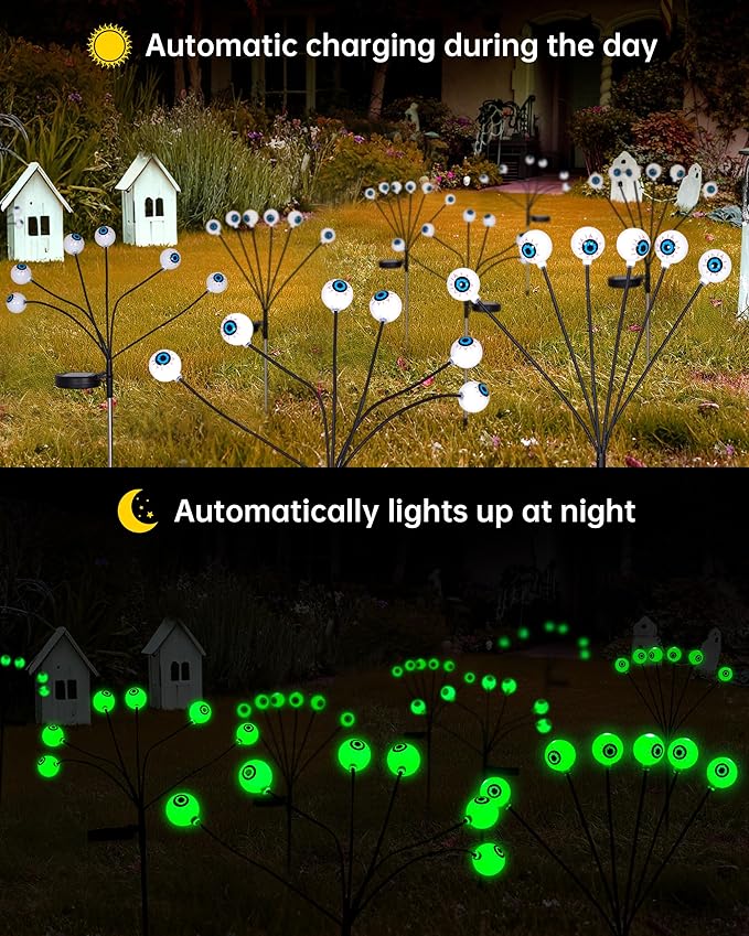 Halloween Solar Pathway Lights 2PK 12 LEDs Solar Outdoor Garden Stake Lights,Decorative Pathway Lights Waterproof Halloween Party Home Yard Patio Decorations Eyeball