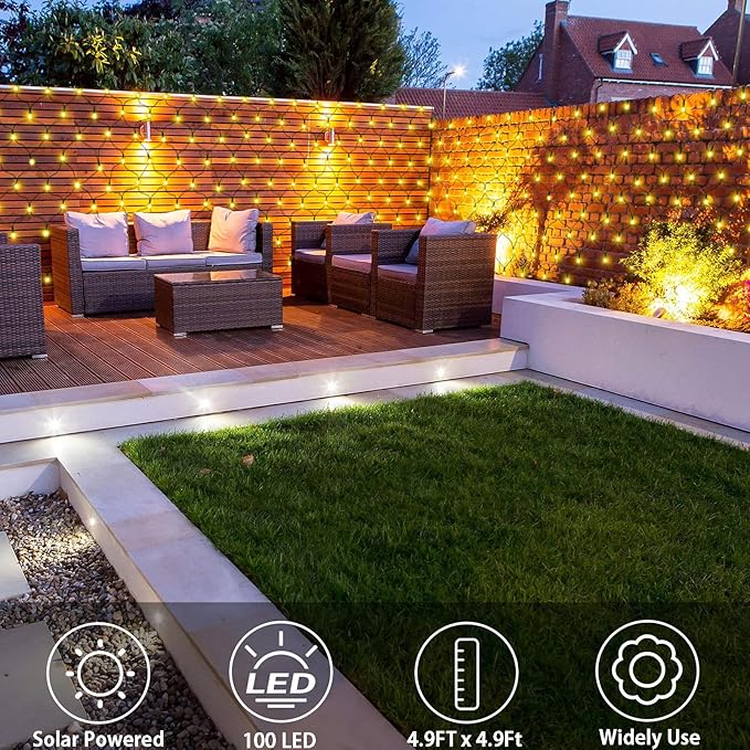 echosari Solar Net Lights Outdoor, 100 LED 5Ft x 5Ft Bush Net Light Outdoor Mesh Lights Auto On/Off 8 Modes for Tree Fence Backyard Bush Decor (Warm White)