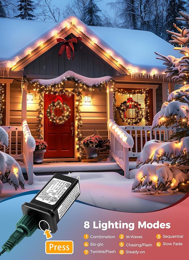 C9 Christmas Lights Outdoor, 114 Feet 150 LED C9 String Lights with Timer & 8 Light Modes, Waterproof Commercial Grade Connectable Christmas Tree Lights for Indoor Outside Roofline Patio, Warm White