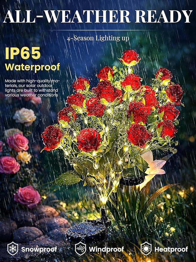 GIGALUMI Solar Lights Outdoor for Garden Decor, 4 Pack Solar Flower Lights Waterproof, 2 Lighting Modes 28 Rose Flowers for Pathway,Yard, Patio Decoration, Gardening Gifts for Women (Red)
