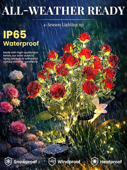 GIGALUMI Solar Lights Outdoor for Garden Decor, 4 Pack Solar Flower Lights Waterproof, 2 Lighting Modes 28 Rose Flowers for Pathway,Yard, Patio Decoration, Gardening Gifts for Women (Red)