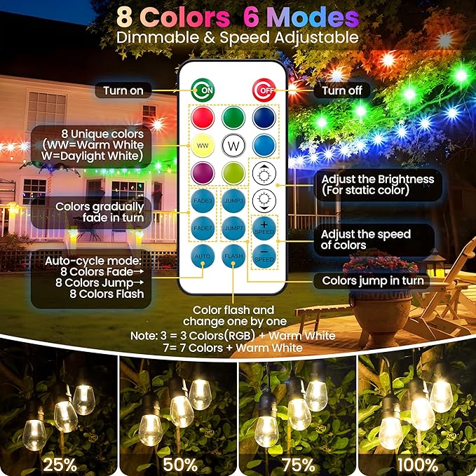 25FT Plug in ST38 Outdoor String Lights Bundle with 100FT Solar Powered S14 RGB Outdoor String Lights with Remote | Lumora