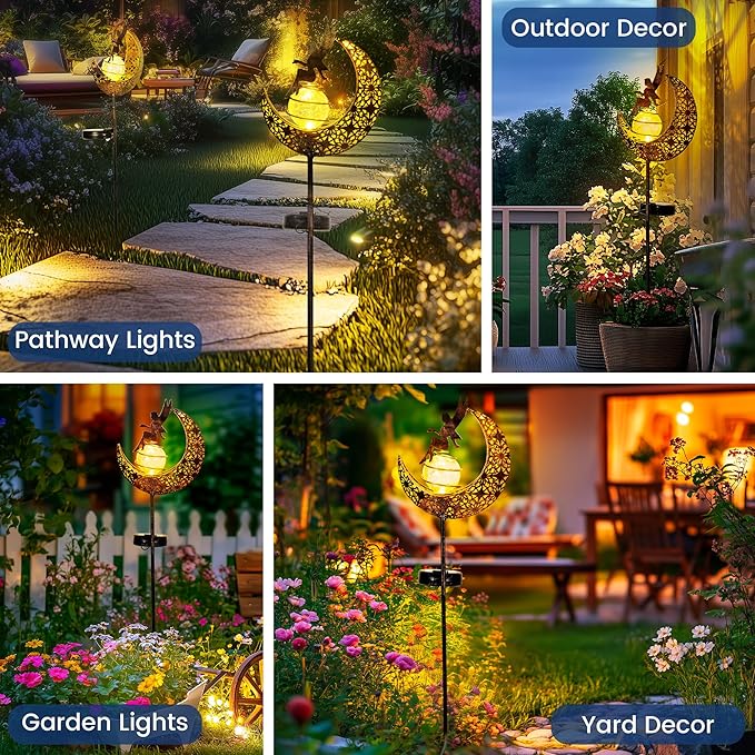 Fairy Garden Solar Lights Outdoor Moon Stakes, Waterproof Outdoor Metal Decor Gifts for Women Mom, Art Moon | Lumora