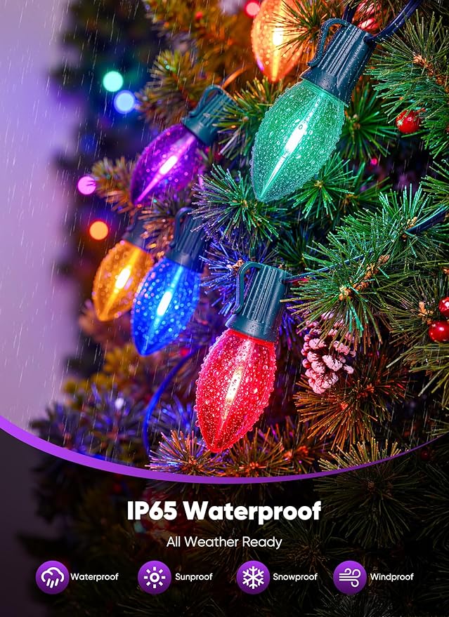 Vintage C9 LED Christmas Lights Outdoor - 50 Feet String with 50 Colored Bulbs, Waterproof Connectable Lights for Holiday Party Roofline, Backyard, Garden, Patio, Green Wire