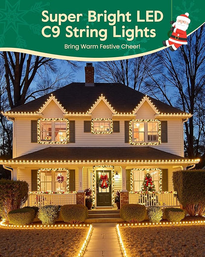 C9 Christmas Lights Outdoor with 100 Spring Clips, 65FT 100 LED C9 String Lights Waterproof Connectable for Roofline Patio House Yard Windows Indoor Outdoor Christmas Decorations, Warm White 2 Pack