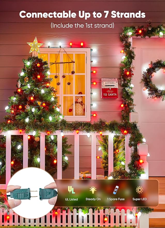 C9 LED Christmas Lights Outdoor, 100 Feet C9 String Lights with 100 Shatterproof Matte Bulbs, Connectable | Lumora