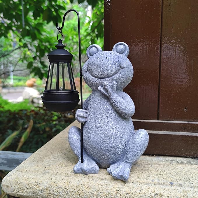 Frog Solar Garden Statues,Resin Frog Figurine Decorations with Solar Lights Lantern, Outdoor Figurines Lawn Garden | Lumora