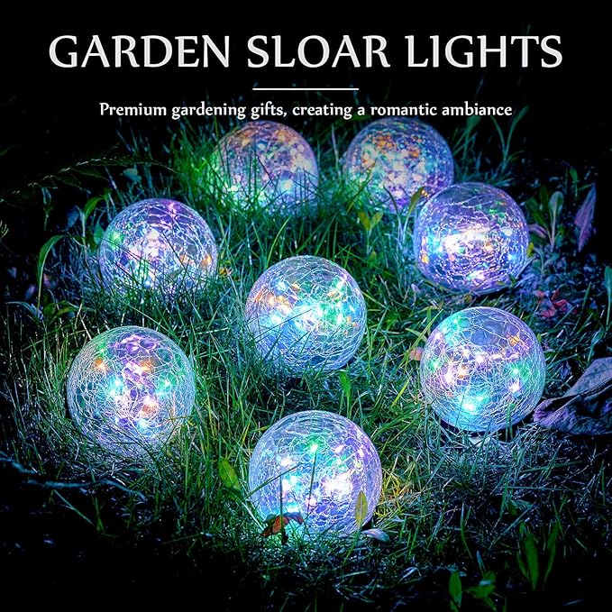 Honoson Decorative Solar Globe Lights Outdoor Waterproof LED Cracked Glass Ball Lights for Pathway, Walkway, Garden, Yard, Lawn Decoration(8 Pcs,3.9 Inch)