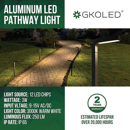 GKOLED Low Voltage Landscape Lighting, Outdoor LED Path Lights, 3W 9-15V AC/DC Garden Light for Yard, Lawn, Pathway, Walkway, Die-cast Aluminum Housing, Black, 6 Pack