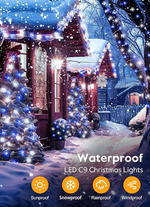 C9 Christmas Lights Outdoor Waterproof, 114 Feet 150 LED C9 String Light with Timer & 8 Light Modes, Connectable Christmas Tree Lights for House Outside Roofline Indoor Decoration, Blue & Pure White