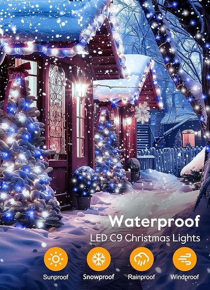 C9 Christmas Lights Outdoor Waterproof, 114 Feet 150 LED C9 String Light with Timer & 8 Light Modes, Connectable Christmas Tree Lights for House Outside Roofline Indoor Decoration, Blue & Pure White