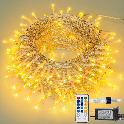 Christmas String Lights Outdoor, 200 LED 98 FT Plug in Christmas Tree Lights with Remote, Waterproof Twinkle Light Clear Wire with Timer for Bedroom, Indoor, Patio, Wedding, Xmas Decorations