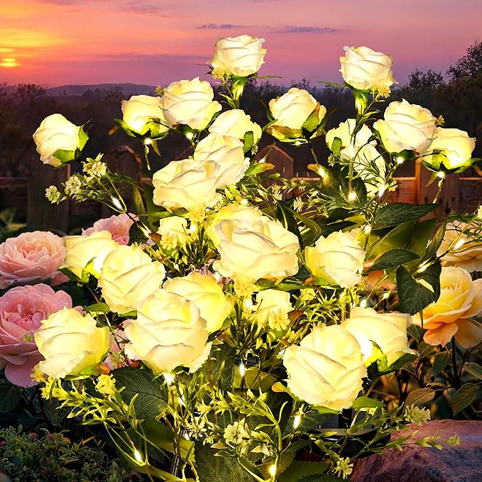 GIGALUMI Solar Lights Outdoor for Garden Decor, 4 Pack Solar Flower Lights Waterproof, 2 Lighting Modes 28 Rose Flowers for Pathway,Yard, Patio Decoration, Gardening Gifts for Women (White)