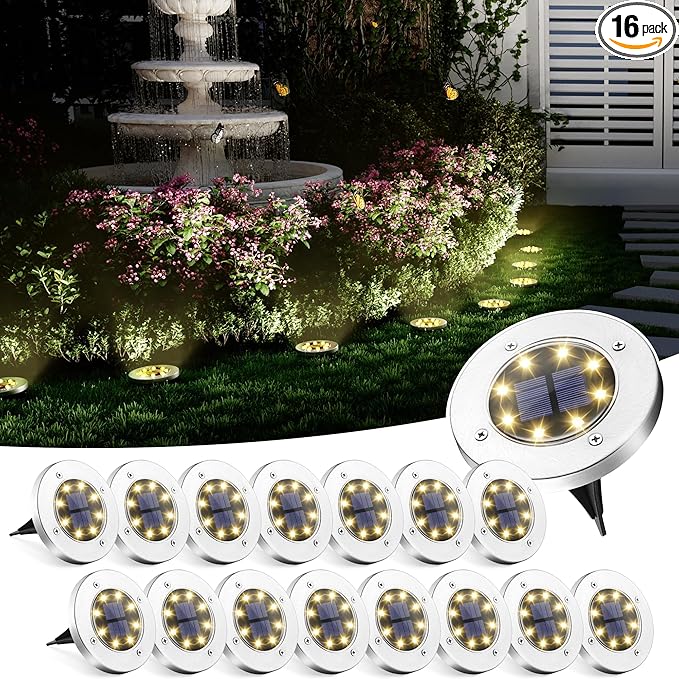 SOLPEX Solar Ground Lights, 16 Pack Solar Lights Outdoor Waterproof, 8 LED Solar Powered Landscape Lighting for | Lumora