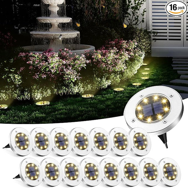 SOLPEX Solar Ground Lights, 16 Pack Solar Lights Outdoor Waterproof, 8 LED Solar Powered Landscape Lighting for | Lumora