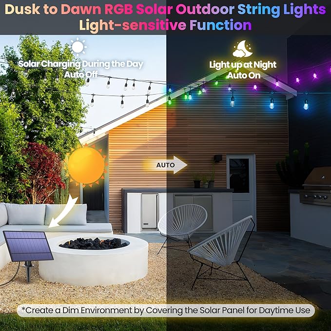 100FT(2x50FT) RGB Solar Outdoor String Lights with Remote, Multicolor&Warm White Dimmable Waterproof Patio Lights | Lumora
