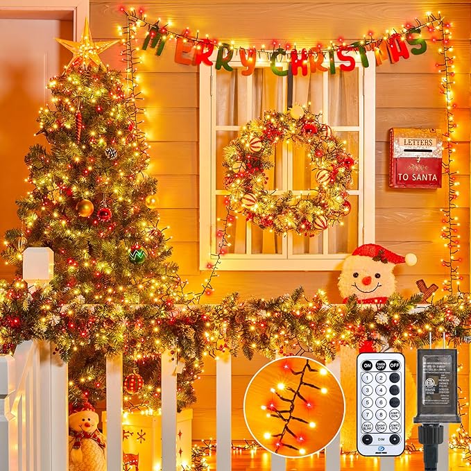 Christmas Cluster Lights Outdoor - 2000LED 100Ft Bright 8 Modes Timer Remote, Waterproof Plug-in Fairy String for Tree, Garland, Window, Xmas Decorations, Red & Warm White