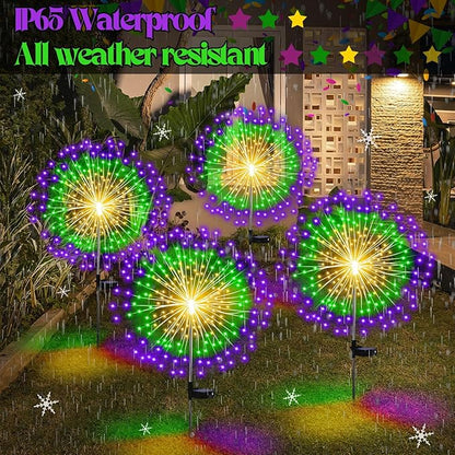 4th of July Decorations Outdoor 4 Pack Colored Solar Firework Lights with 180 LED Patriotic Solar Lights 8 Lighting Modes for Yard Pathway Garden Patio Party Decorations(Green, Yellow, Purple)