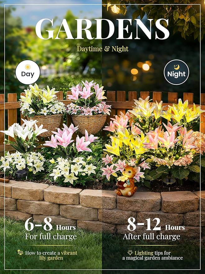 GIGALUMI Solar Garden Lights, LED Lily Garden Decor Carefree Solar Flowers Outdoor Waterproof, Yard Decorations Outdoor, Allergy-Free, Everlasting Light up Flowers for Yard Patio Garden (Set of 3)