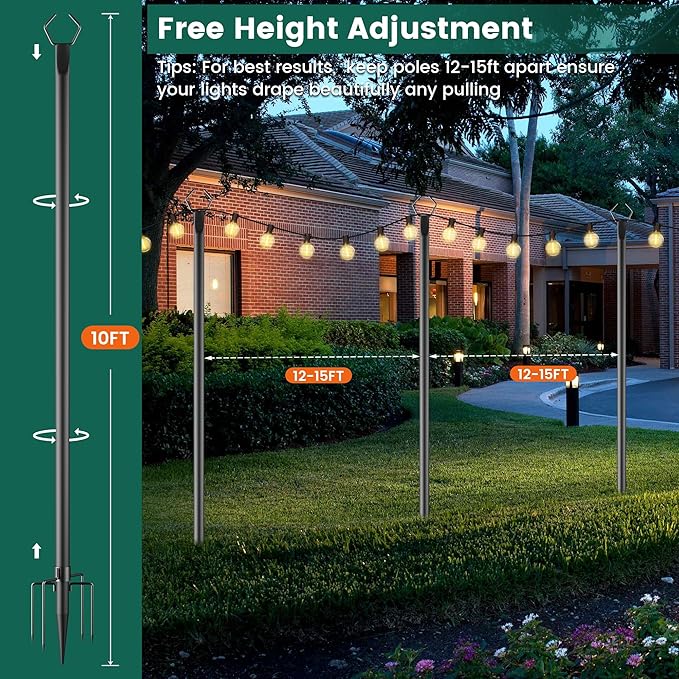 OHLUX 2 Pack 10FT String Light Poles, Outdoor Poles with Fence Brackets for Hanging Lights, Metal Stand for Patio | Lumora