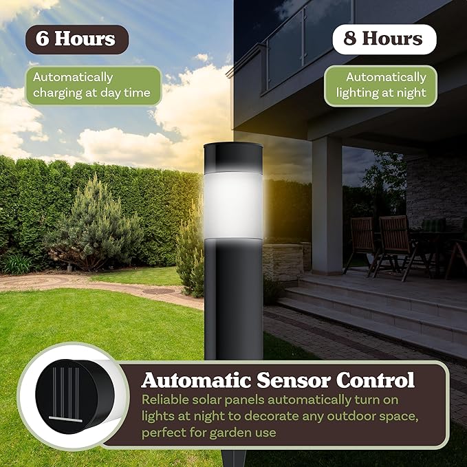Pure Garden Solar Lights Outdoor Waterproof 6-Pack - 15â€ Stainless Steel Bollard Solar Pathway Lights - Stake Outdoor LED Lighting for Yard, Drive, Path or Landscape Lighting (Black)