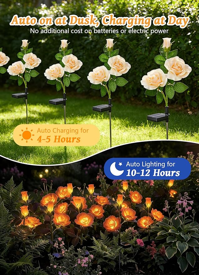 Brightown Outdoor Solar Flower Lights, 4 Pack Solar Garden Light with Larger & More Realistic Champagne Rose, Bigger Solar Panel, Waterproof Solar Lights Outdoor for Yard Garden Lawn Pathway Decor