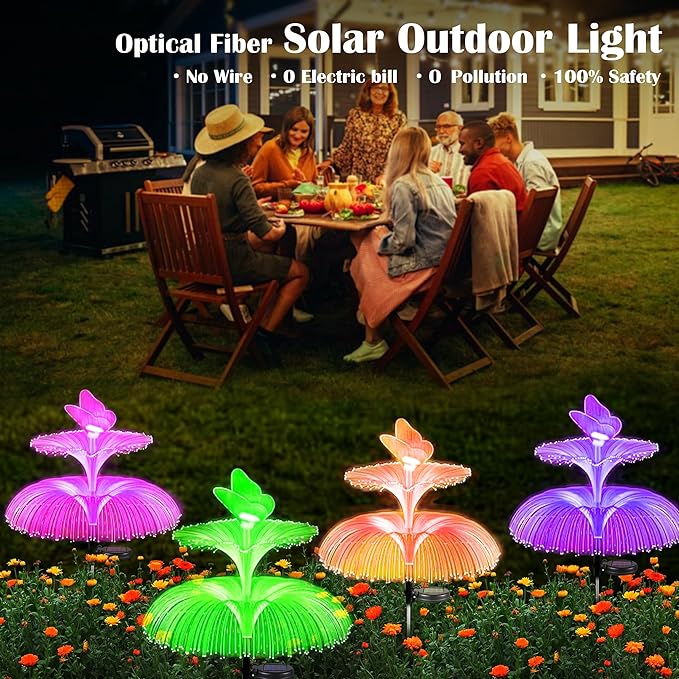 SunKite Solar Garden Lights - 7 Color Changing, Double Jellyfish & Butterfly, Waterproof, Solar Flower Lights for Outdoor Decor
