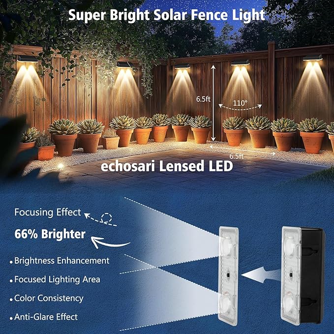 echosari Solar Fence Lights 8 Pack, 100 Lumen Ultra Bright Solar Wall Lights Outdoor Waterproof Lighting Auto ON/Off for Backyard Patio Railing Porch Step (2700K Warm White)