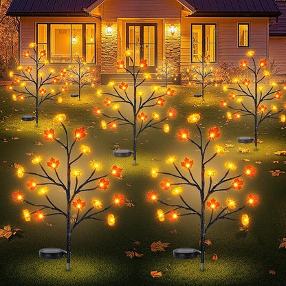 4 Pack Fall Solar Lights Outdoor, 80 LED Maple Pumpkin Stake Lights with 8 Mode, Waterproof Solar Pathway Lights for Garden Patio Yard Fall Outdoor Decor