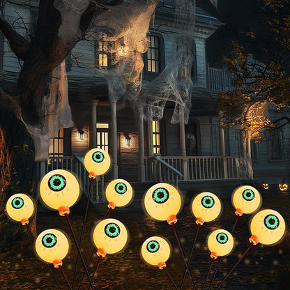 JOYIN Halloween Decorations Outdoor Solar Scary Eyeball Lights, 2 Pcs 12LEDs Warm Pathway Yard Stakes, Waterproof Firefly Lights for Halloween Graveyard Yard Garden Patio Walkway Party